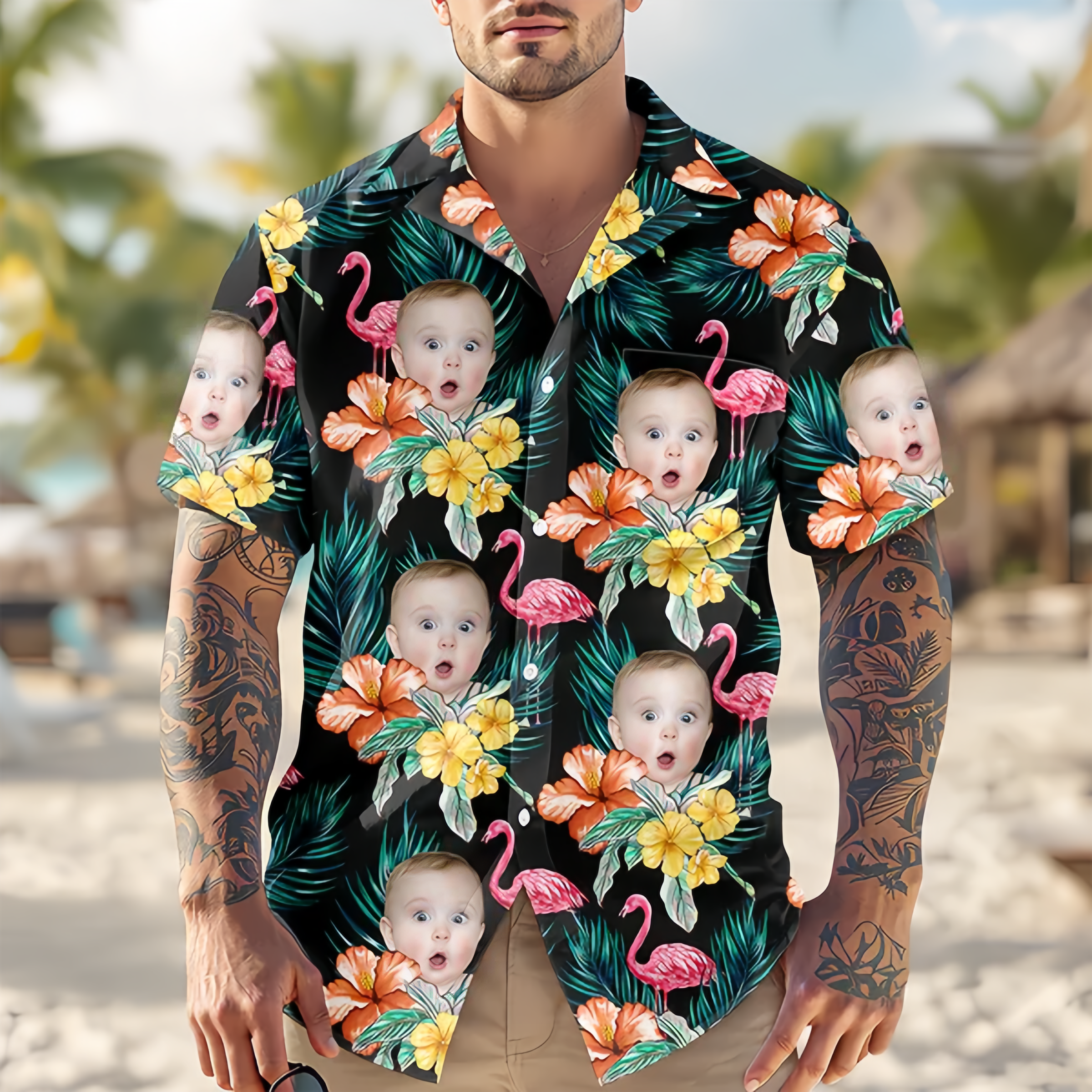 Chemise Hawaïenne Personnalisée Avec Flamant Rose, Cadeau D'été Ou Cadeau Familial