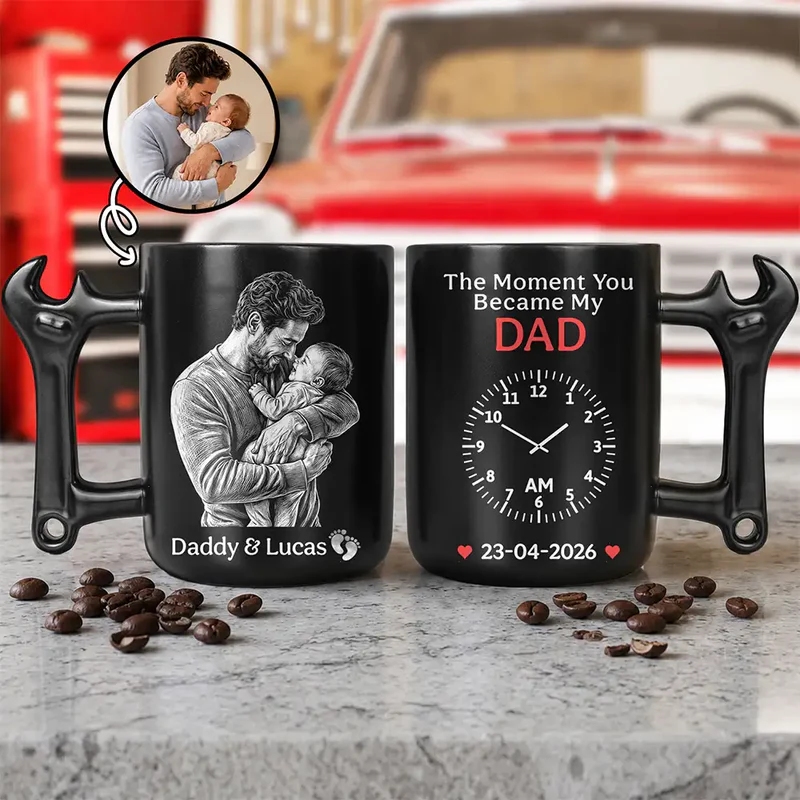 Photo Personnalisée Le Moment Où Vous êtes Devenu Mon Papa Croquis Au Crayon, Tasse à Poignée En Forme De Clé Personnalisée, Cadeau De Fête Des Pères Pour Papa
