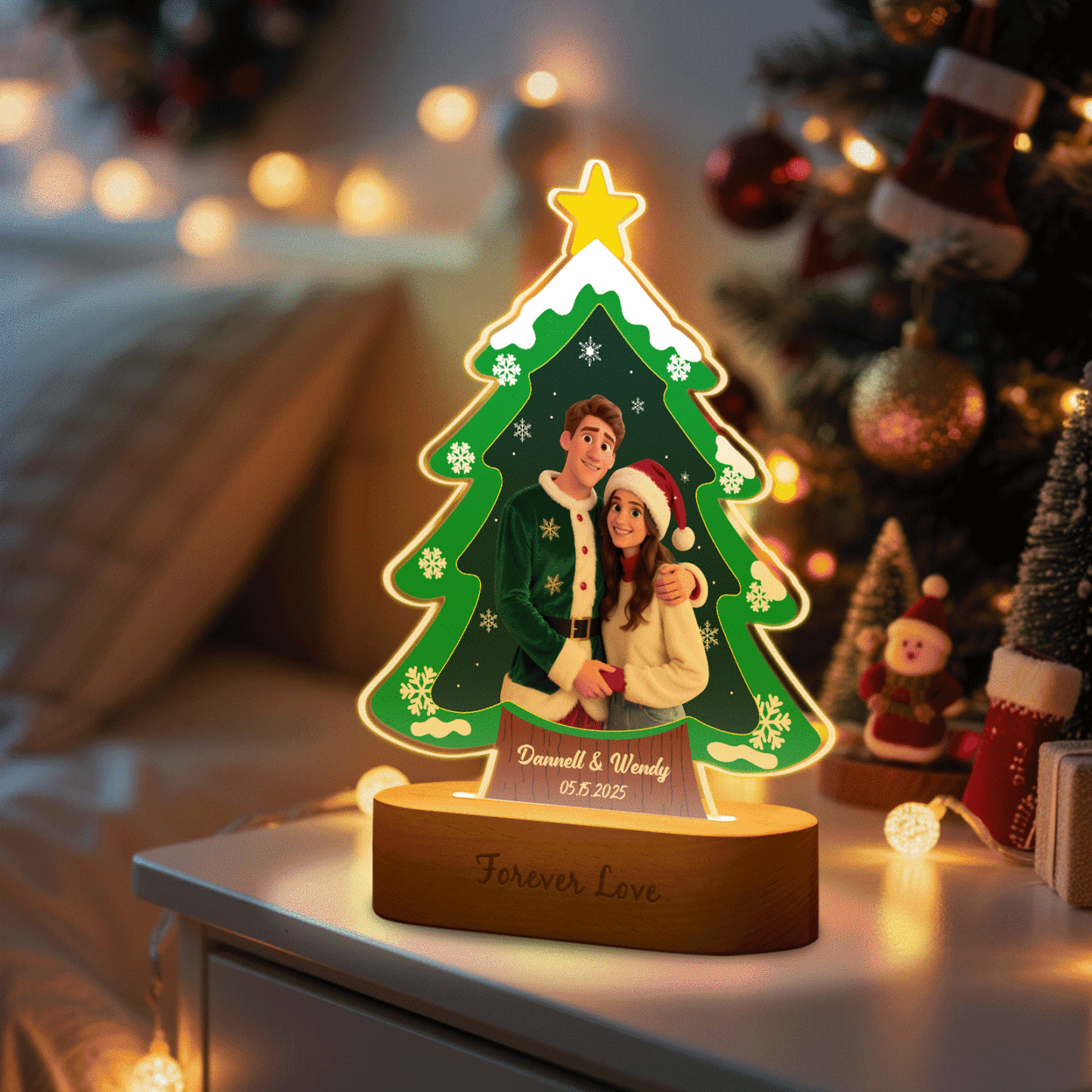 Veilleuse Sapin De Noël Personnalisée, Cadeau Gravé Avec Photo Style Dessin Animé, Cadeau De Noël Idéal Pour Un Couple Ou Une Famille. - MaPhotocaleconFr
