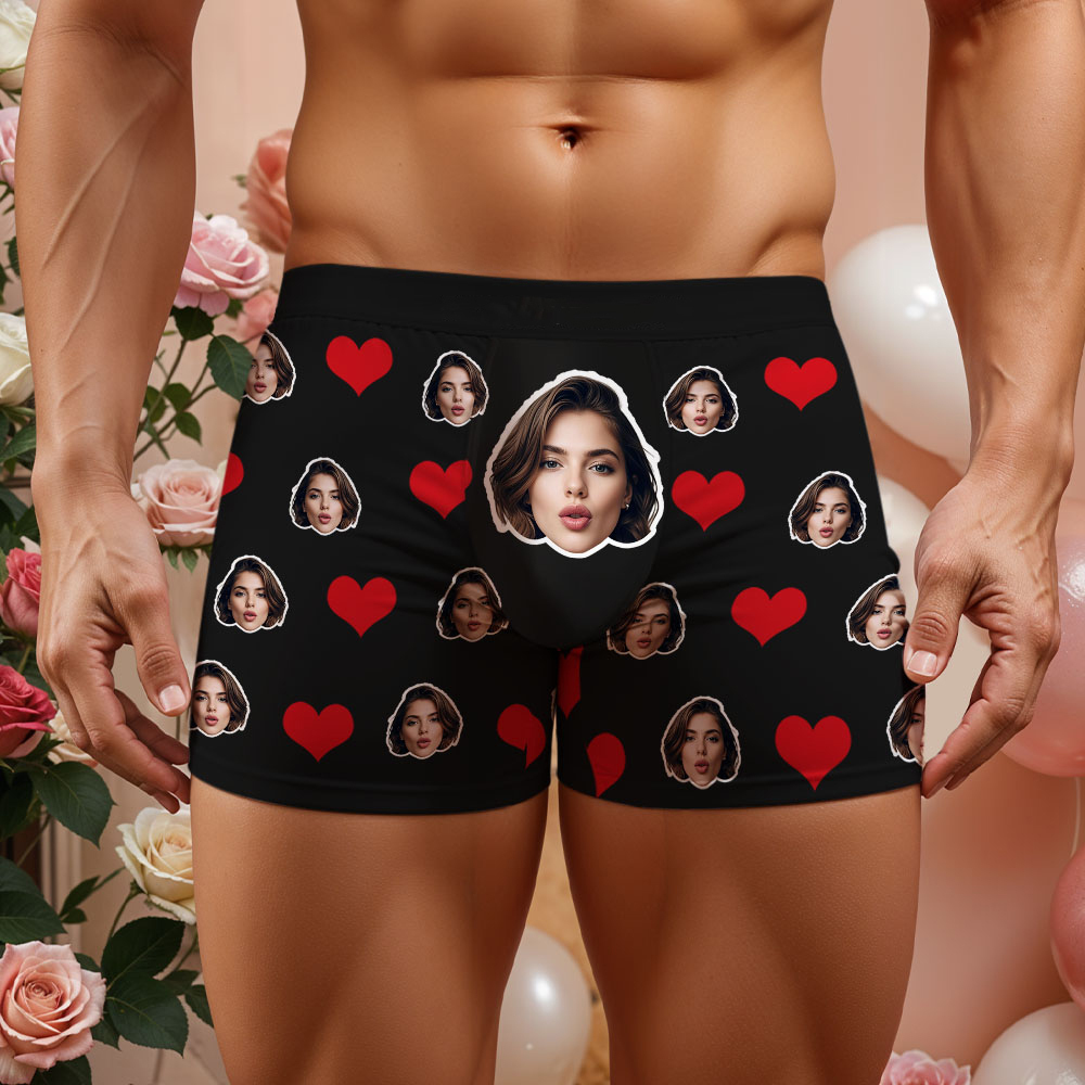 Boxer Personnalisé Pour Hommes, Boxer Cœur Rouge, Slip Personnalisé Pour Visage Blanc, Sous-vêtements Pour La Saint-valentin, Cadeau - MaPhotocaleconFr