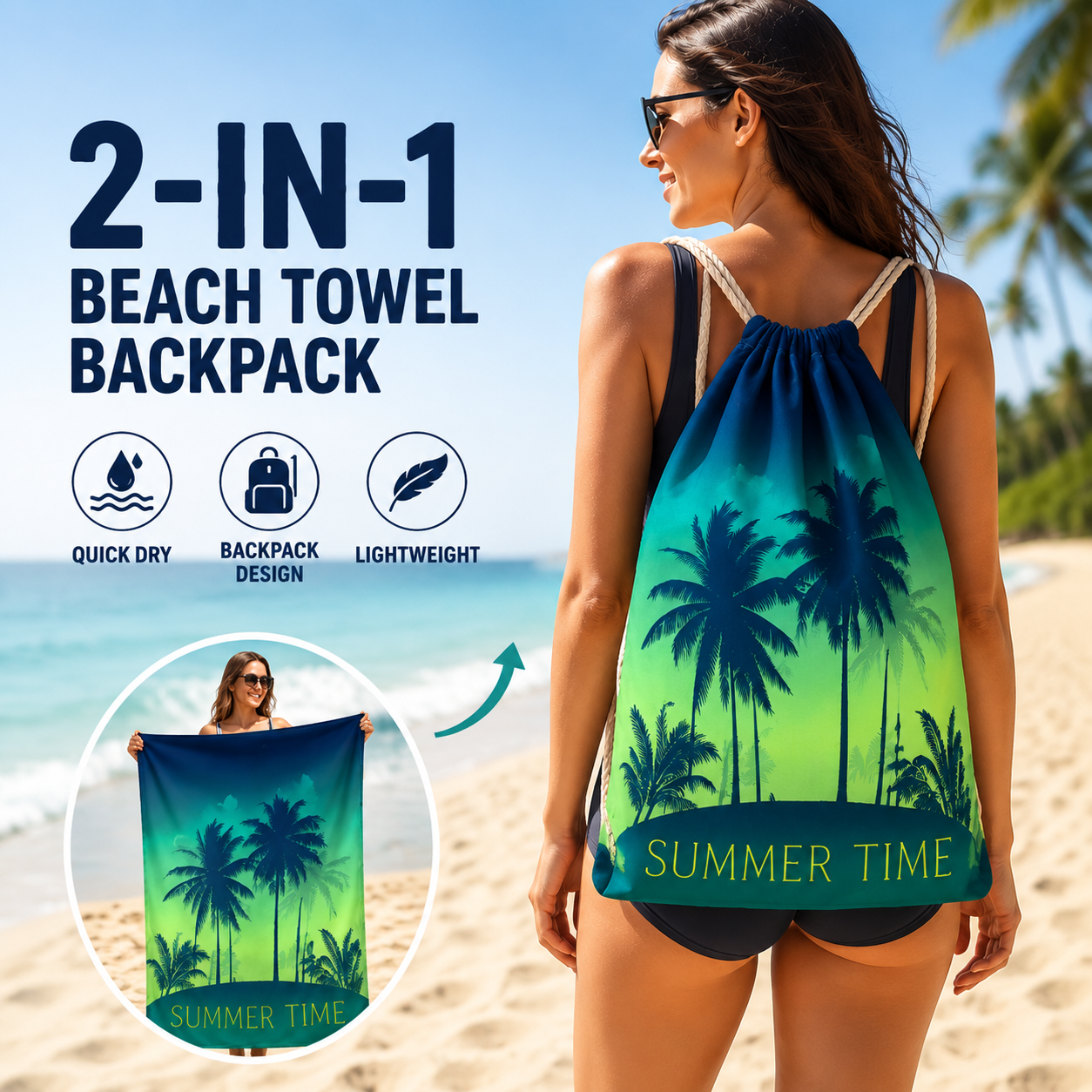 Sac à Dos 2 En 1 Pour Serviette De Plage Sans Sable – Microfibre à Séchage Rapide, Essentiel D'été Pour Les Voyages, La Plage Et Les Aventures En Plein Air