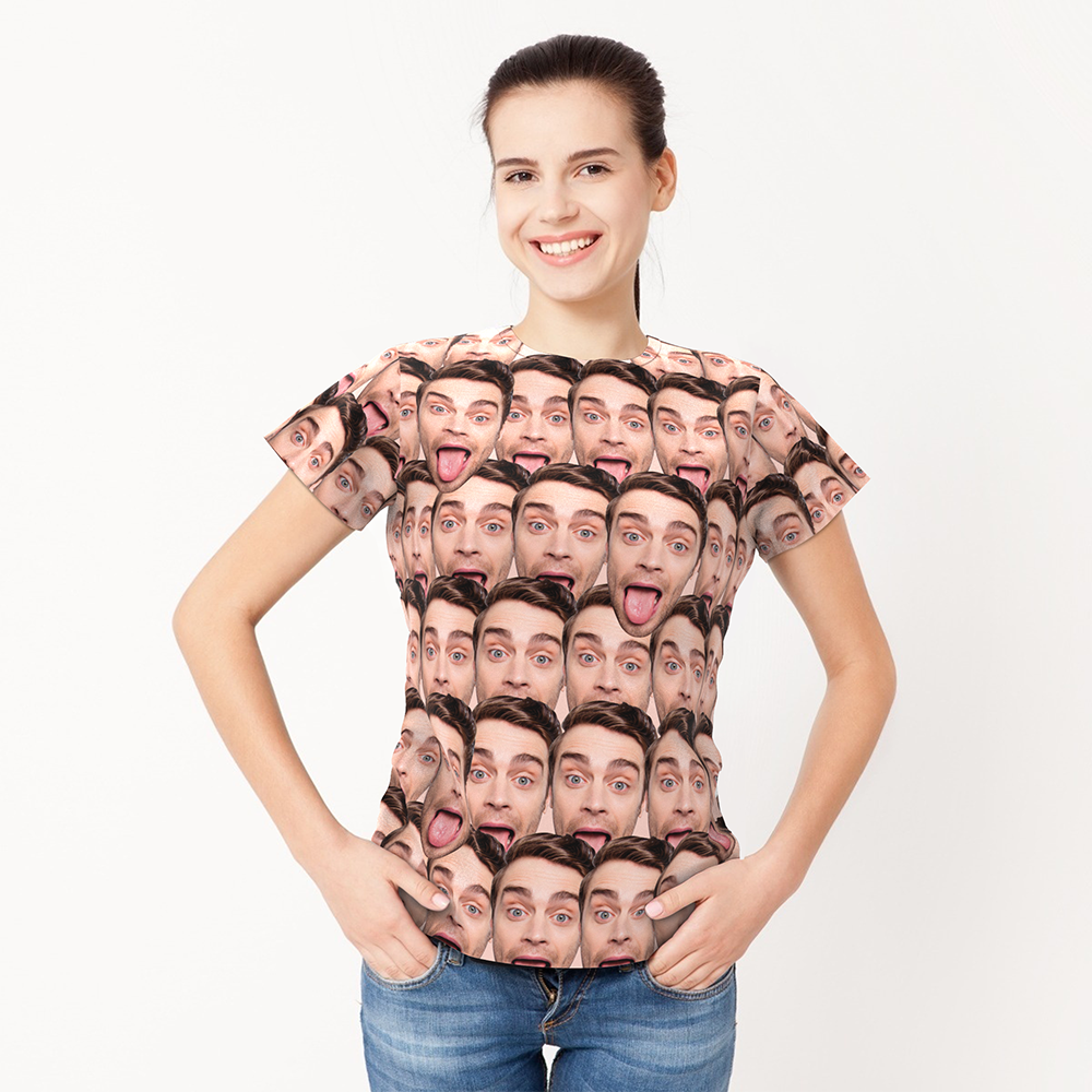 T-shirt Personnalisé Imprimé Partout Pour Femmes, T-shirts Mash Face Pour Cadeaux - MaPhotocaleconFr