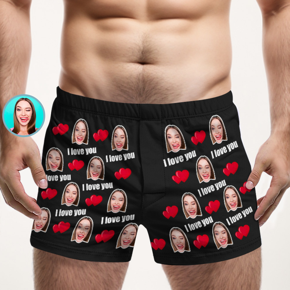 Boxer Multicolore I Love You Avec Visage Personnalisé, Sous-vêtements Avec Photo Personnalisé, Cadeau Pour Lui