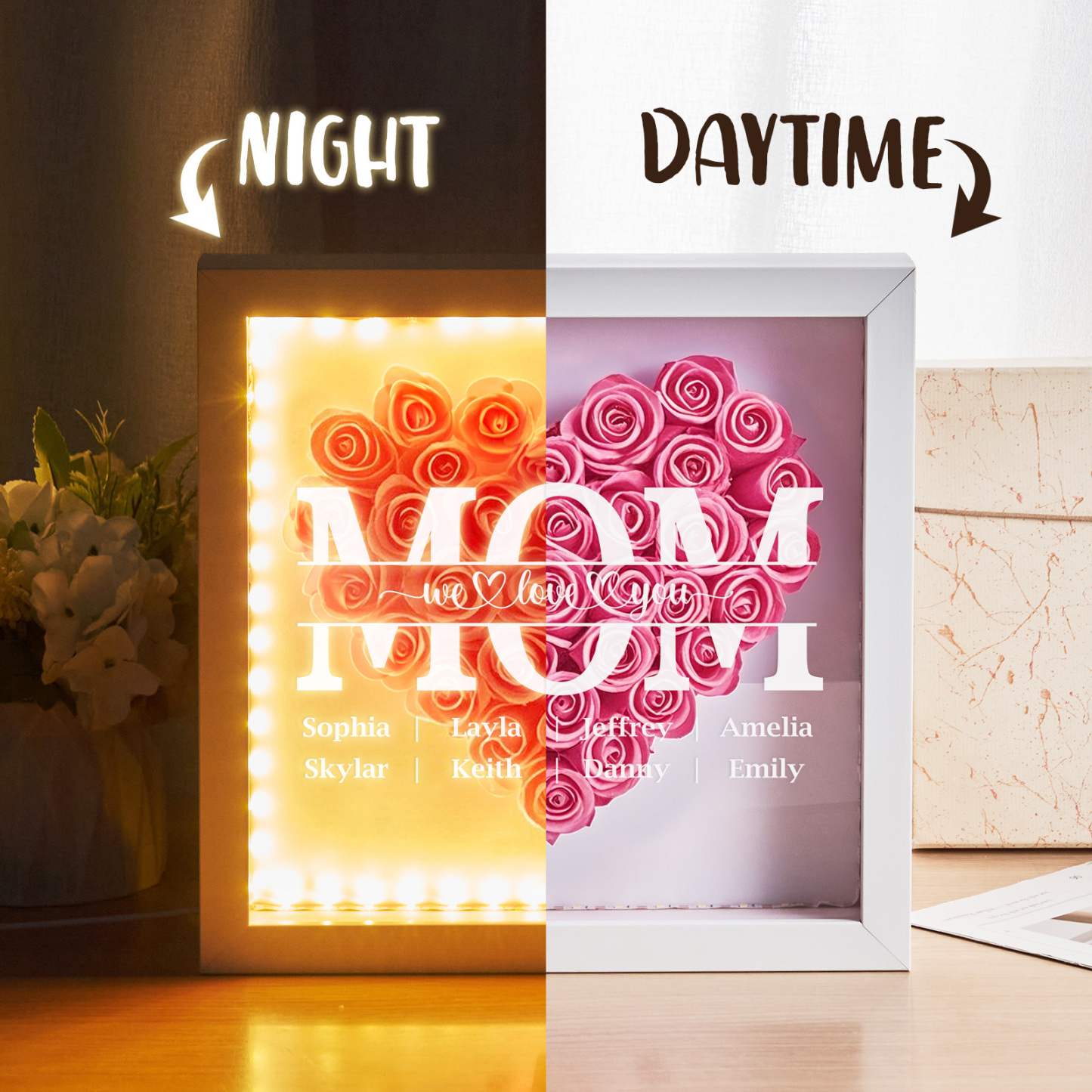 Nous T'aimons Maman - Boîte À Fleurs Personnalisée Avec Lumière Led - MaPhotocaleconFr