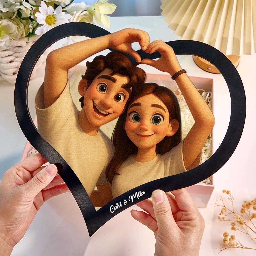 Cadre Photo Personnalisé En Forme De Cœur Représentant Un Couple De Dessins Animés. Transformez Votre Photo En Illustration Personnalisée. Ajoutez Des Noms Et Des Dates Importantes. Cadeau Romantique Pour Les Couples. - MaPhotocaleconFr