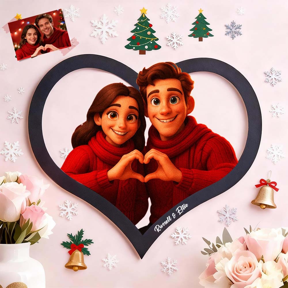 Cadre Photo Personnalisé En Forme De Cœur Représentant Un Couple De Dessins Animés. Transformez Votre Photo En Illustration Personnalisée. Ajoutez Des Noms Et Des Dates Importantes. Cadeau Romantique Pour Les Couples. - MaPhotocaleconFr