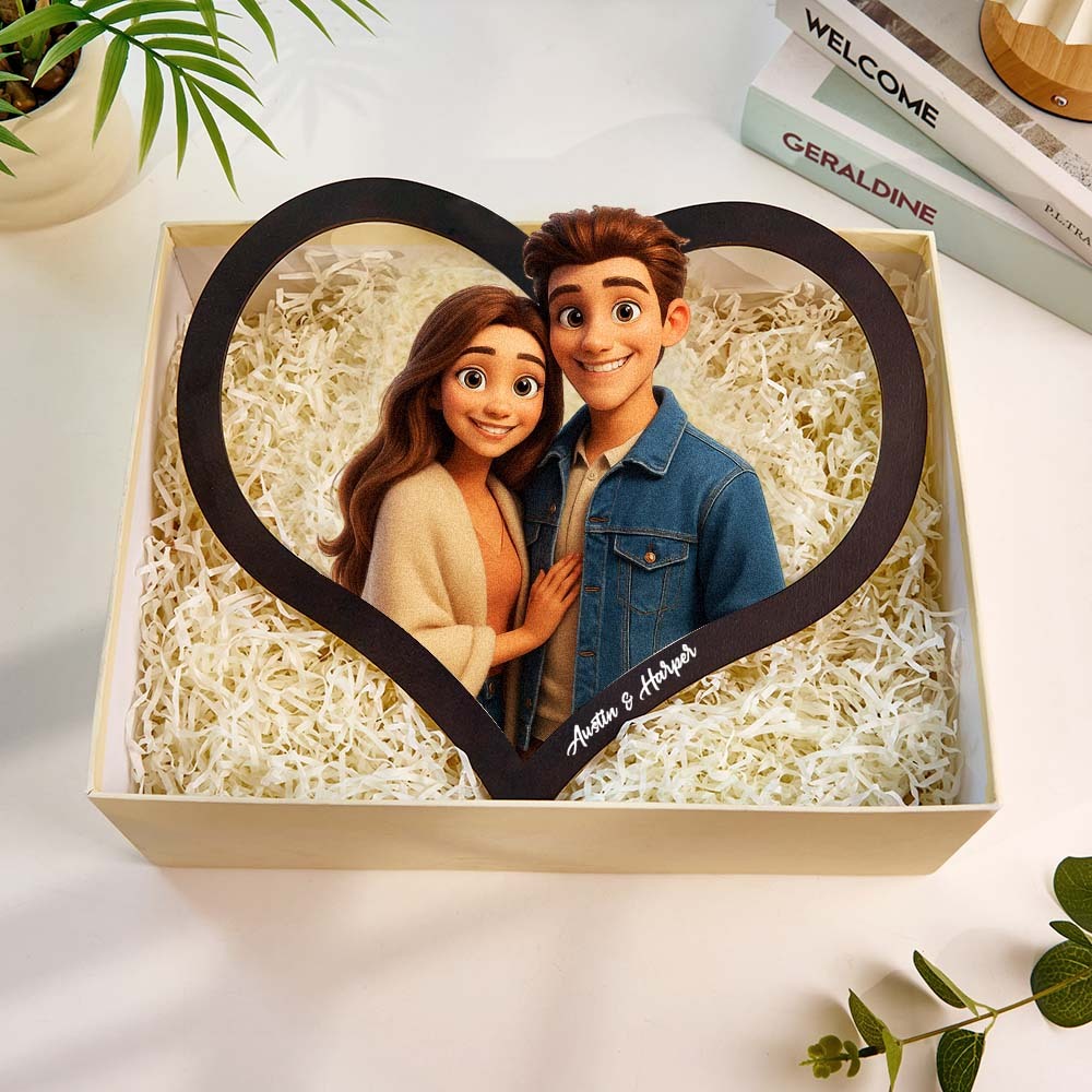 Cadre Photo Personnalisé En Forme De Cœur Représentant Un Couple De Dessins Animés. Transformez Votre Photo En Illustration Personnalisée. Ajoutez Des Noms Et Des Dates Importantes. Cadeau Romantique Pour Les Couples. - MaPhotocaleconFr