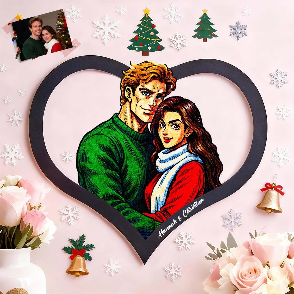 Cadre Photo Personnalisé En Forme De Cœur Représentant Un Couple De Dessins Animés. Transformez Votre Photo En Illustration Personnalisée. Ajoutez Des Noms Et Des Dates Importantes. Cadeau Romantique Pour Les Couples. - MaPhotocaleconFr