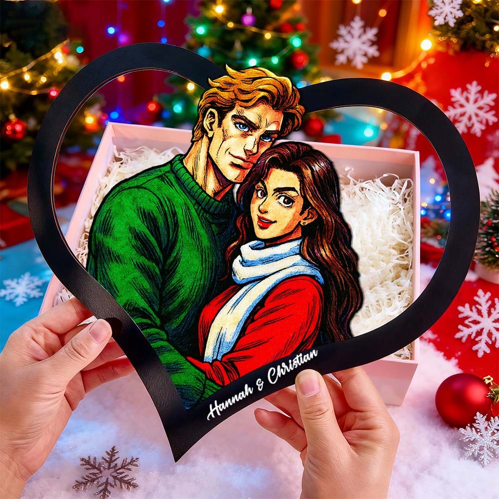 Cadre Photo Personnalisé En Forme De Cœur Représentant Un Couple De Dessins Animés. Transformez Votre Photo En Illustration Personnalisée. Ajoutez Des Noms Et Des Dates Importantes. Cadeau Romantique Pour Les Couples. - MaPhotocaleconFr