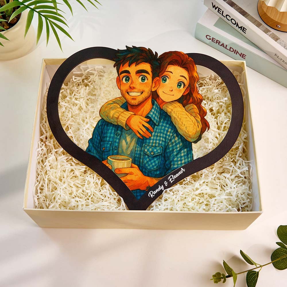 Cadre Photo Personnalisé En Forme De Cœur Représentant Un Couple De Dessins Animés. Transformez Votre Photo En Illustration Personnalisée. Ajoutez Des Noms Et Des Dates Importantes. Cadeau Romantique Pour Les Couples. - MaPhotocaleconFr
