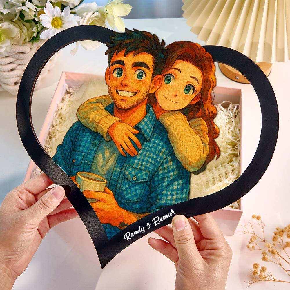 Cadre Photo Personnalisé En Forme De Cœur Représentant Un Couple De Dessins Animés. Transformez Votre Photo En Illustration Personnalisée. Ajoutez Des Noms Et Des Dates Importantes. Cadeau Romantique Pour Les Couples. - MaPhotocaleconFr