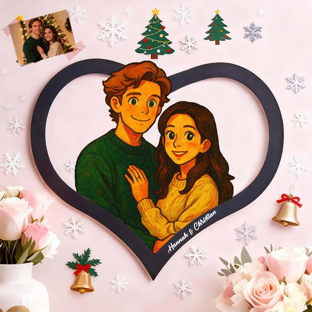 Cadre Photo Personnalisé En Forme De Cœur Représentant Un Couple De Dessins Animés. Transformez Votre Photo En Illustration Personnalisée. Ajoutez Des Noms Et Des Dates Importantes. Cadeau Romantique Pour Les Couples. - MaPhotocaleconFr