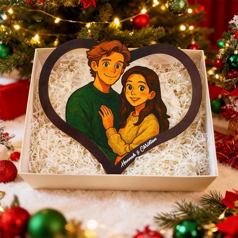 Cadre Photo Personnalisé En Forme De Cœur Représentant Un Couple De Dessins Animés. Transformez Votre Photo En Illustration Personnalisée. Ajoutez Des Noms Et Des Dates Importantes. Cadeau Romantique Pour Les Couples. - MaPhotocaleconFr