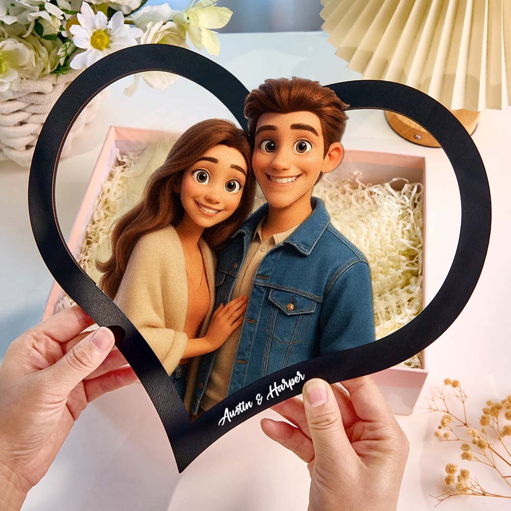 Cadre Photo Personnalisé En Forme De Cœur Représentant Un Couple De Dessins Animés. Transformez Votre Photo En Illustration Personnalisée. Ajoutez Des Noms Et Des Dates Importantes. Cadeau Romantique Pour Les Couples. - MaPhotocaleconFr