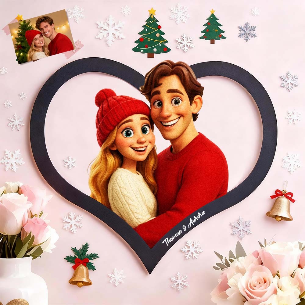 Cadre Photo Personnalisé En Forme De Cœur Représentant Un Couple De Dessins Animés｜Transformez Votre Photo En Illustration Personnalisée｜Ajoutez Des Noms Et Des Dates Importantes｜Cadeau Romantique Pour Les Couples.