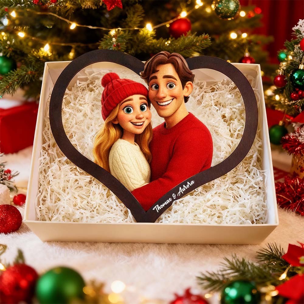 Cadre Photo Personnalisé En Forme De Cœur Représentant Un Couple De Dessins Animés. Transformez Votre Photo En Illustration Personnalisée. Ajoutez Des Noms Et Des Dates Importantes. Cadeau Romantique Pour Les Couples. - MaPhotocaleconFr