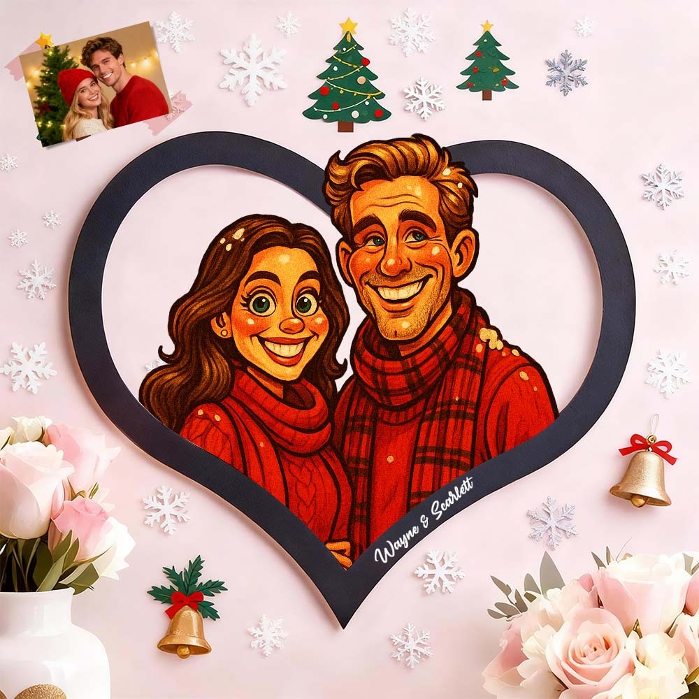 Cadre Photo Personnalisé En Forme De Cœur Représentant Un Couple De Dessins Animés. Transformez Votre Photo En Illustration Personnalisée. Ajoutez Des Noms Et Des Dates Importantes. Cadeau Romantique Pour Les Couples. - MaPhotocaleconFr