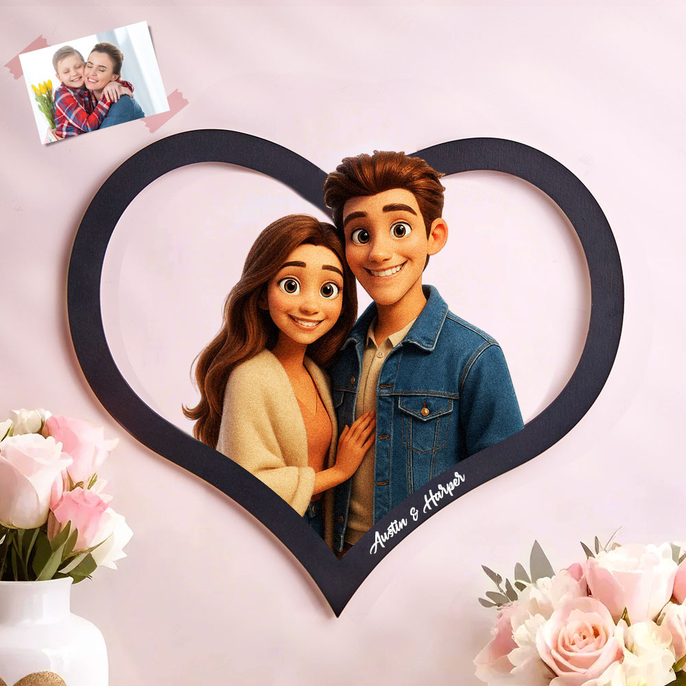 Cadre Photo Personnalisé En Forme De Cœur Représentant Un Couple De Dessins Animés. Transformez Votre Photo En Illustration Personnalisée. Ajoutez Des Noms Et Des Dates Importantes. Cadeau Romantique Pour Les Couples. - MaPhotocaleconFr