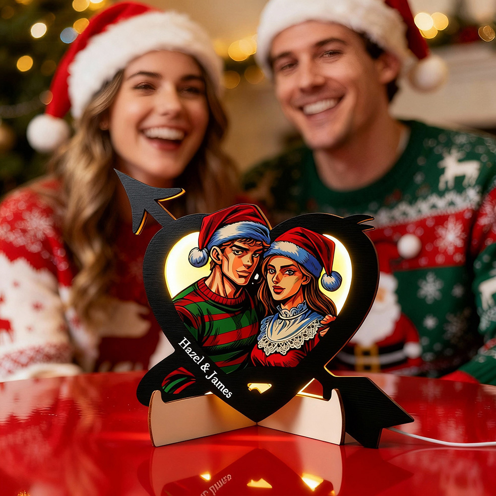 Cadeau De Noël Romantique Personnalisé Pour Couple, Motif Cœur Lumineux Cupidon Et Flèche, Avec Noms Personnalisés. - MaPhotocaleconFr