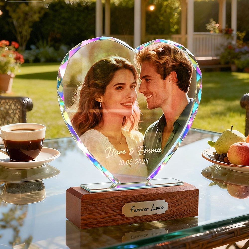 Plaque Photo en Cristal en Forme de Cœur, Personnalisée avec Photo et Gravure, Cadeau de Noël Romantique pour Les Couples