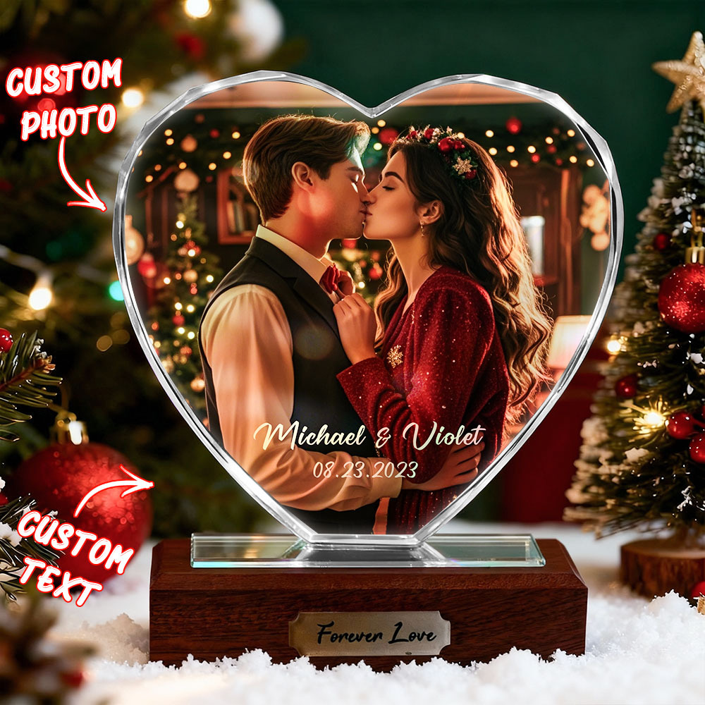 Plaque Photo en Cristal en Forme de Cœur, Personnalisée avec Photo et Gravure, Cadeau de Noël Romantique pour Les Couples