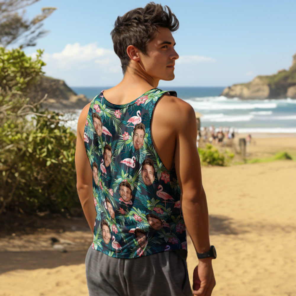 Débardeurs Visage Personnalisés Chemise Sans Manches Homme Feuilles & Flamant Rose