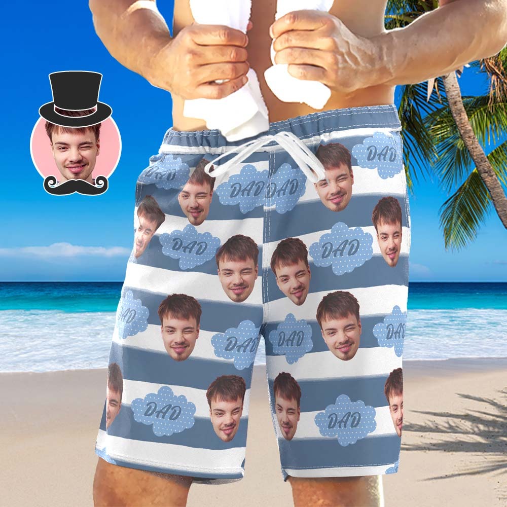 Short De Plage Hawaïen Avec Visage Personnalisé Maillot De Bain Photo Personnalisé Cadeau Drôle Pour La Fête Des Pères - MaPhotocaleconFr