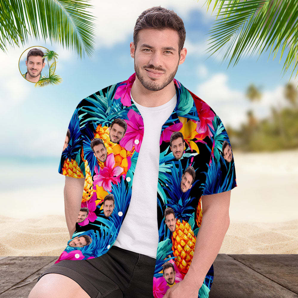 Chemise Hawaïenne Avec Visage Personnalisé, Chemise Personnalisée Funky Imprimée Sur Toute La Surface, Imprimé Feuilles, Fleurs, Ananas - MaPhotocaleconFr
