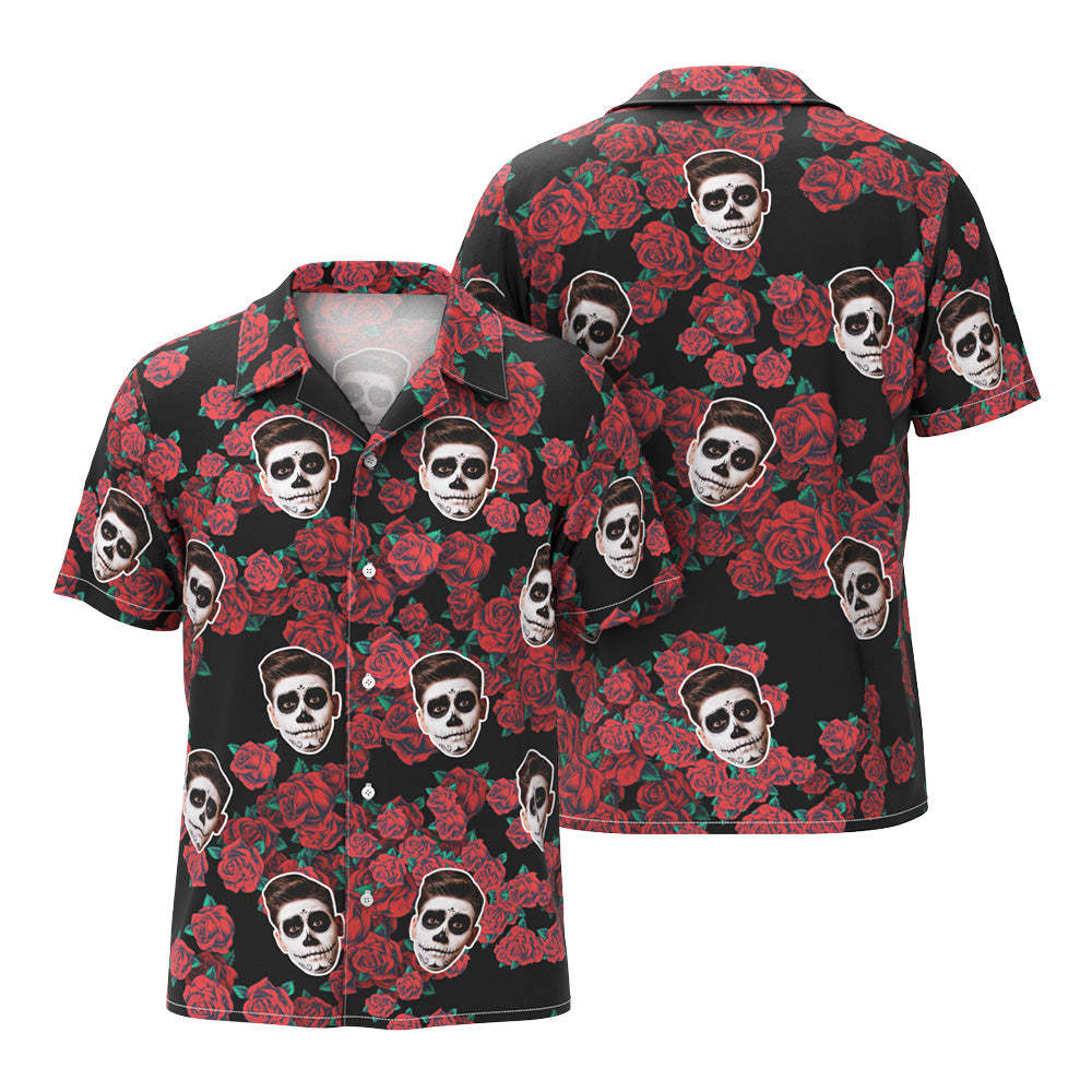 Chemise Hawaïenne Personnalisée Avec Visage Drôle, Chemise Photo D'halloween, Rose Noire, Cadeau Dramatique D'halloween - MaPhotocaleconFr