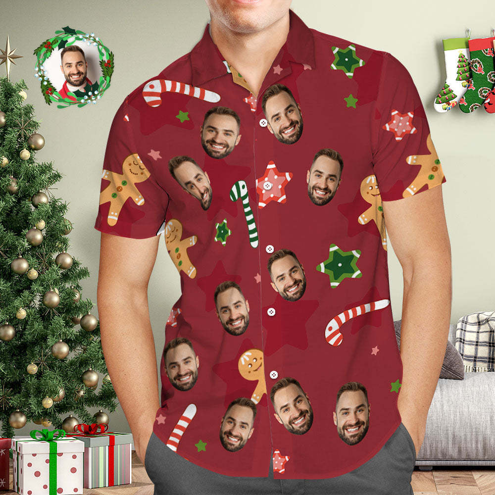 Chemise Hawaïenne Avec Visage Personnalisé, Photo Personnalisée, Chemises Hawaïennes Rouges, Cadeau De Noël Pour Lui - MaPhotocaleconFr
