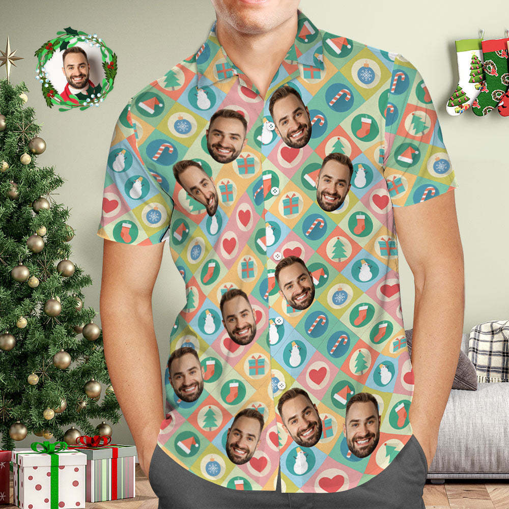 Chemise Hawaïenne Avec Visage Personnalisé, Chemises Hawaïennes Avec Photo Personnalisée, Cadeau De Joyeux Noël Pour Lui - MaPhotocaleconFr