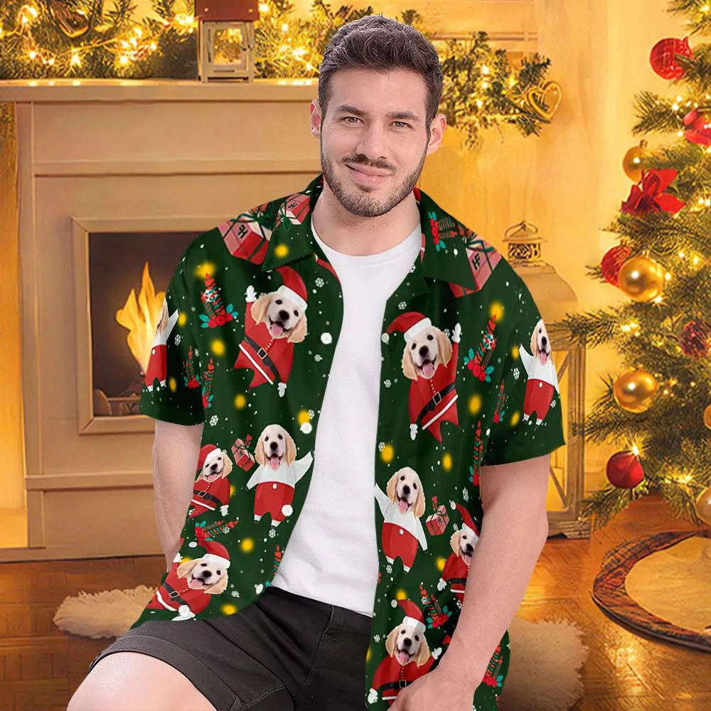 Chemise Hawaïenne Pour Hommes Avec Visage Personnalisé Imprimé The Pug Santa Chemise Hawaïenne Personnalisée