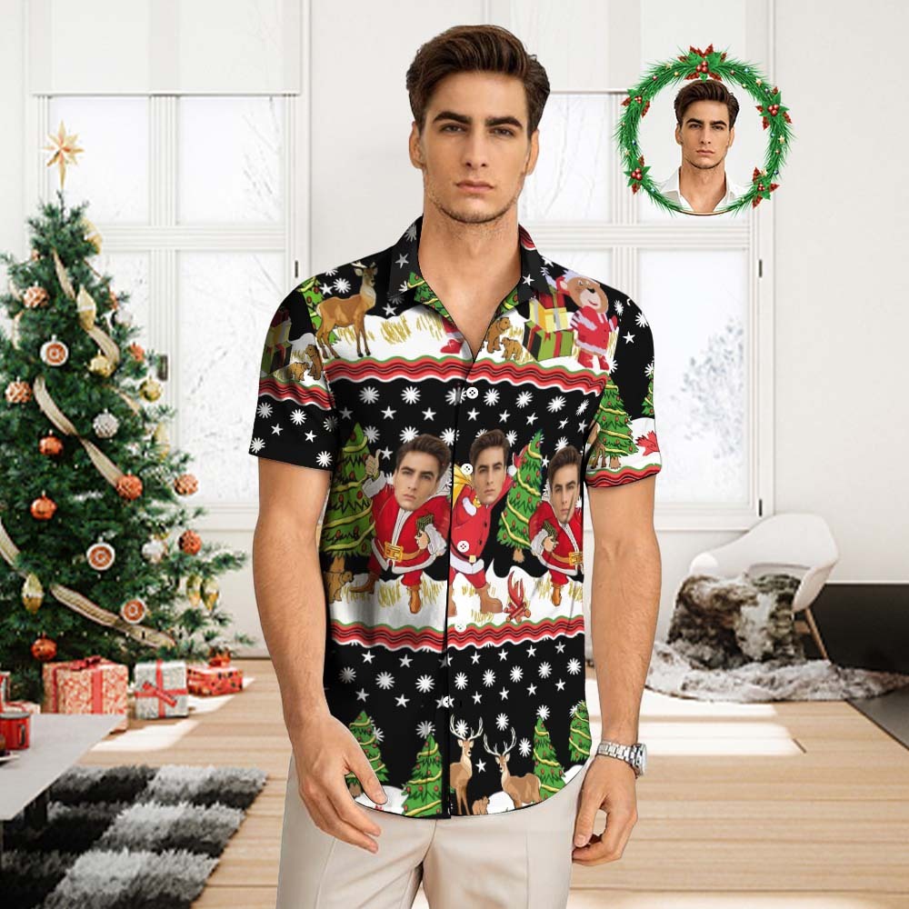 Chemise Hawaïenne Personnalisée Pour Hommes, Chemise Aloha Imprimée Partout, Cadeau De Noël-père Noël Avec Cadeaux - MaPhotocaleconFr