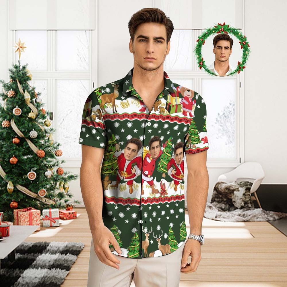 Chemise Hawaïenne Personnalisée Pour Hommes, Chemise Aloha Imprimée Partout, Cadeau De Noël-père Noël Avec Cadeaux - MaPhotocaleconFr