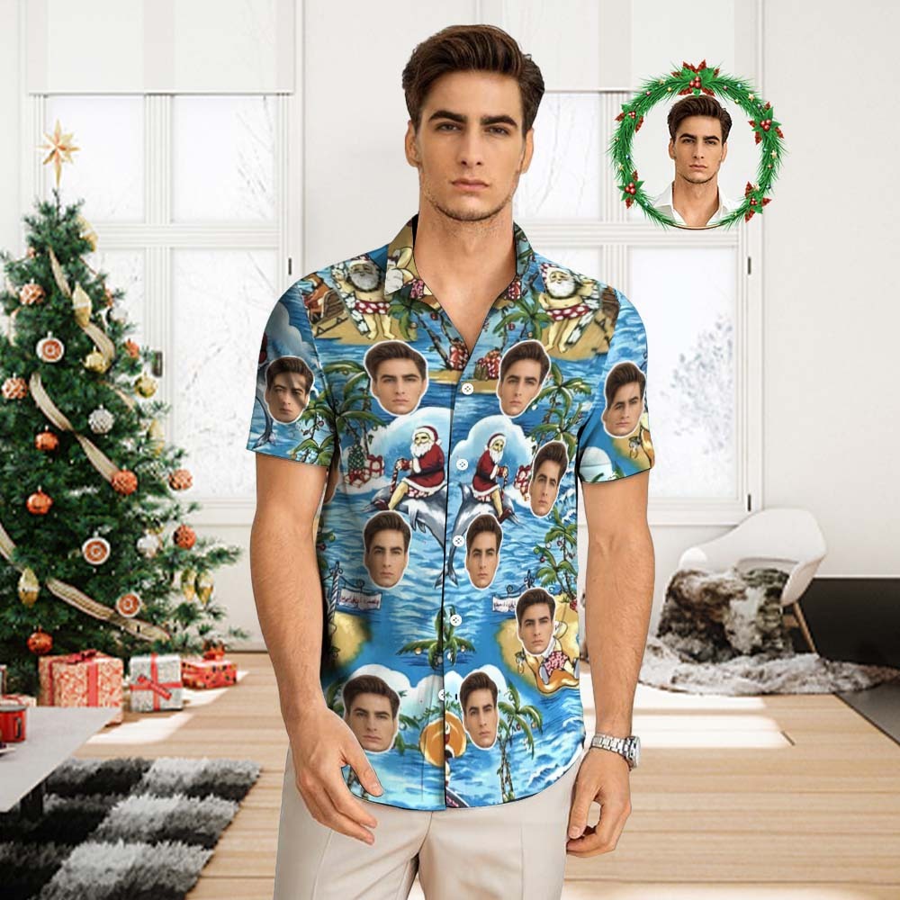 Chemise Hawaïenne Personnalisée Pour Hommes, Chemise Aloha Imprimée Partout, Cadeau De Noël-vacances Du Père Noël - MaPhotocaleconFr