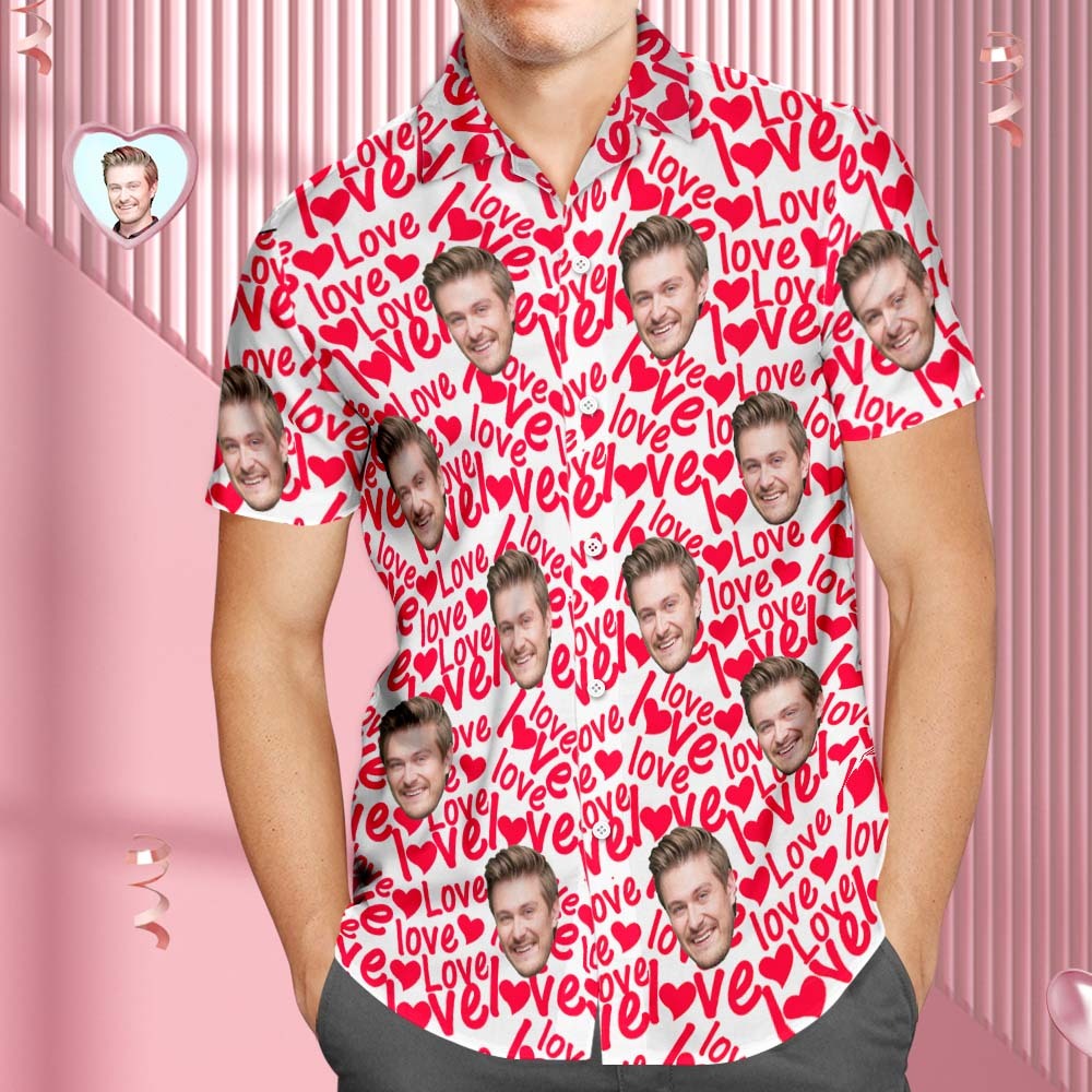 Chemise Hawaïenne Avec Visage Personnalisé Pour Hommes, Chemise D'amour Imprimée Partout, Cadeaux De Saint-valentin Pour Lui - MaPhotocaleconFr