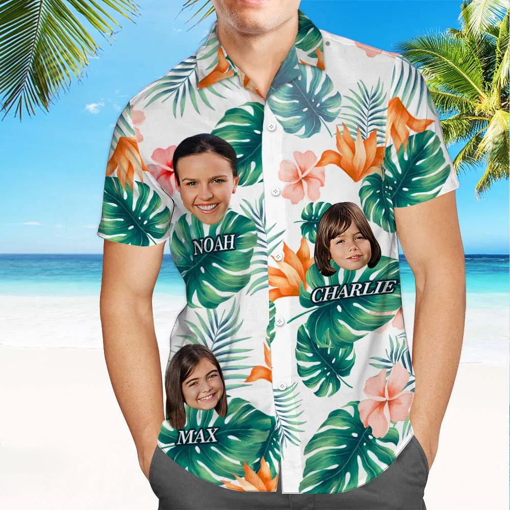 Chemise Hawaïenne Personnalisée Avec Visage Et Texte Multi-photos Avec Feuilles De Palmier Et Fleurs Colorées
