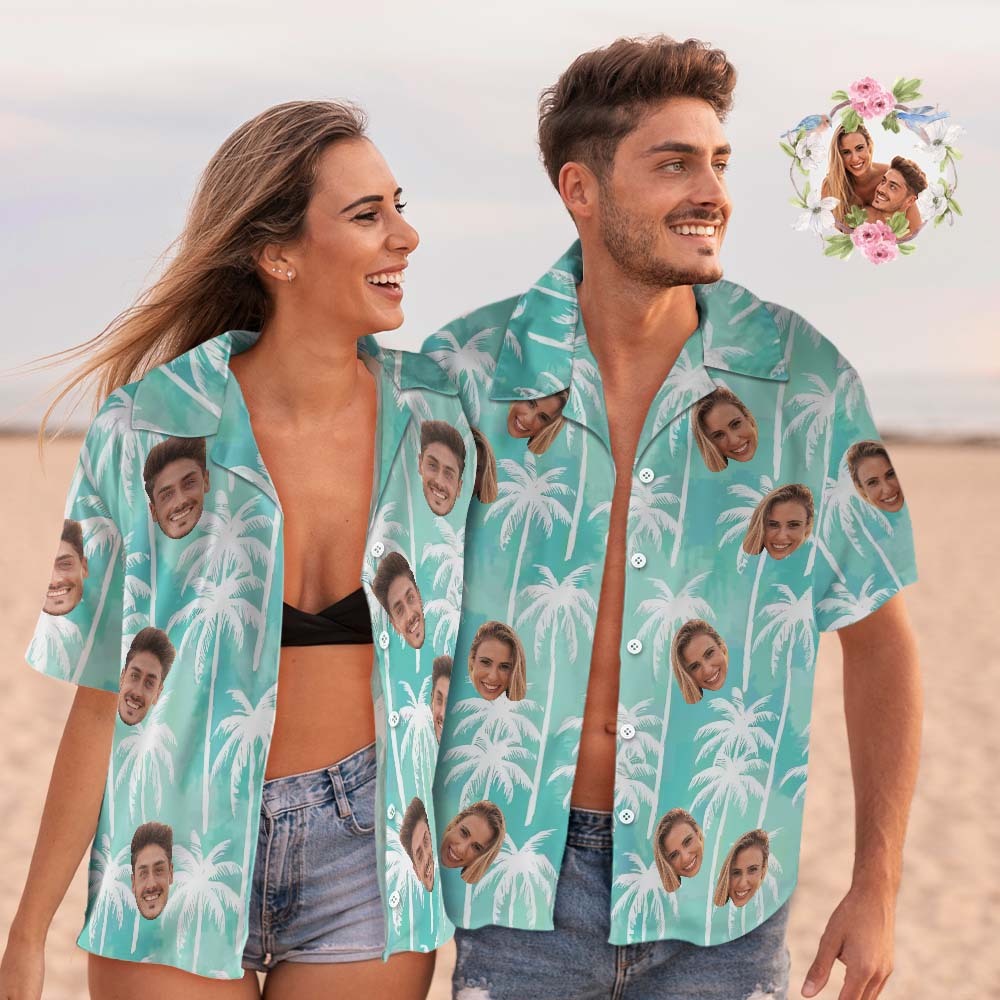 Chemise Hawaïenne Personnalisée Avec Visage Paradise Palms, Chemise Hawaïenne Pour Couple - MaPhotocaleconFr