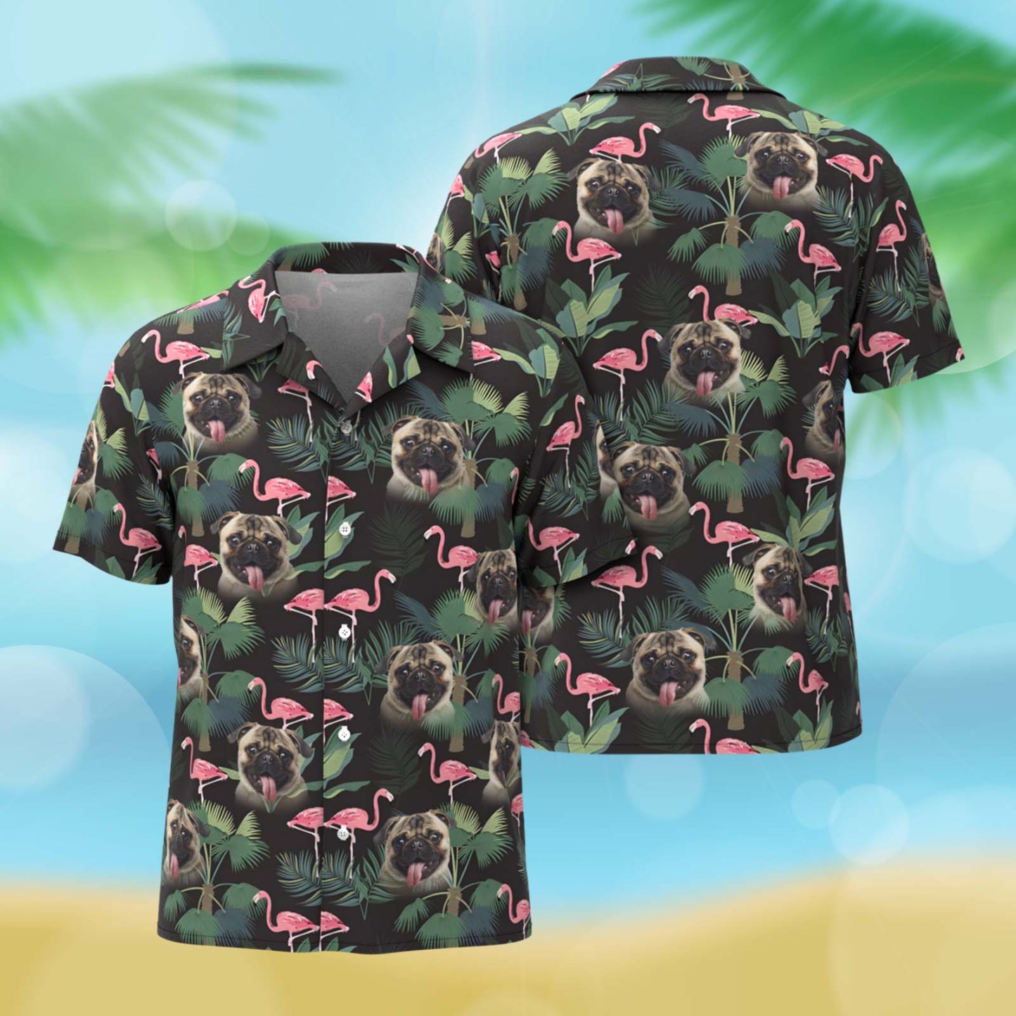 Chemise Hawaïenne Personnalisée Pour Animaux De Compagnie, Manches Courtes, Feuilles Tropicales, Flamant Rose