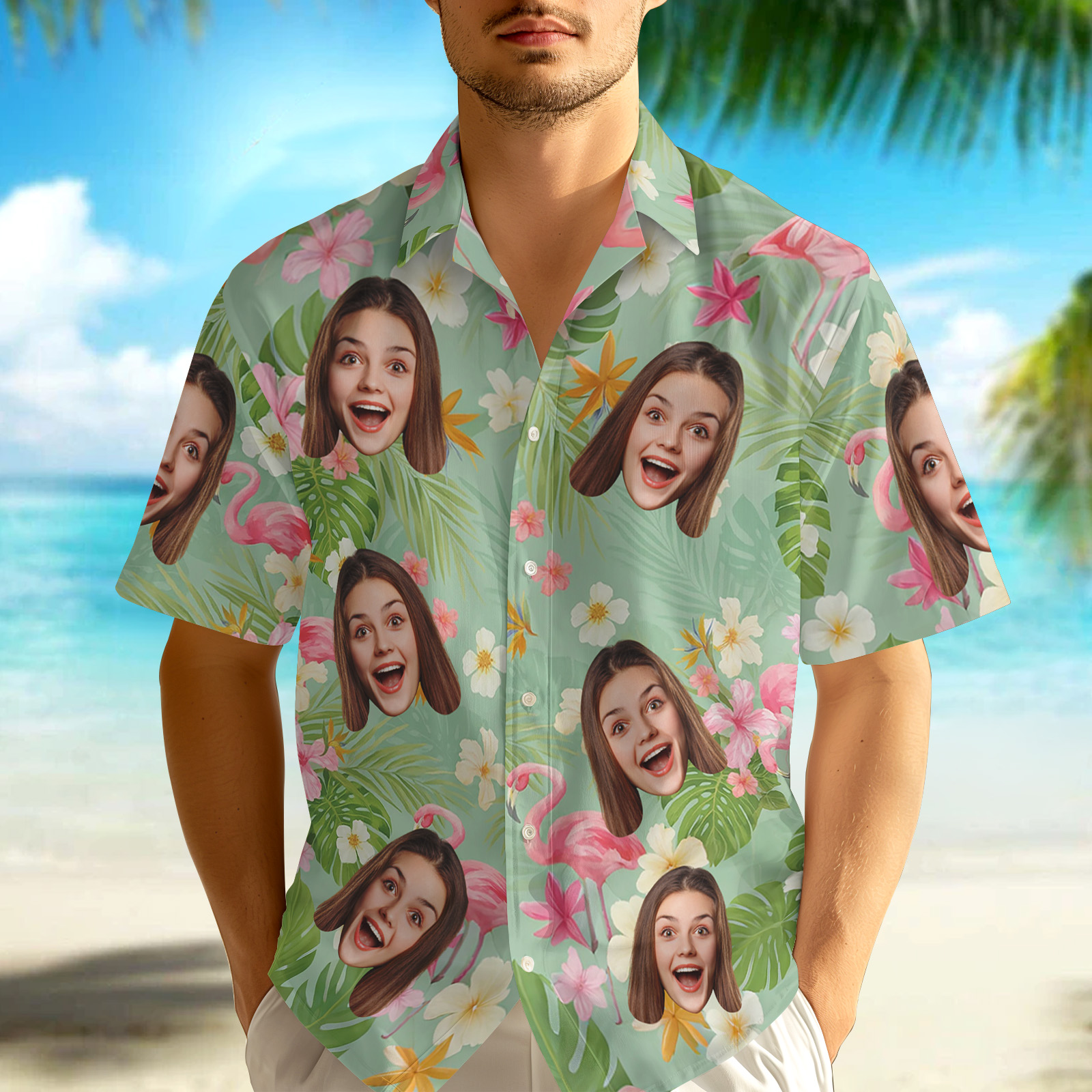 Photo Personnalisée Heure D'été Style Vert Clair Et Rose Personnalisé Personnalisé Unisexe Tropical Hawaïen Aloha Chemise Cadeau De Vacances D'été, Cadeau Pour Les Membres De La Famille