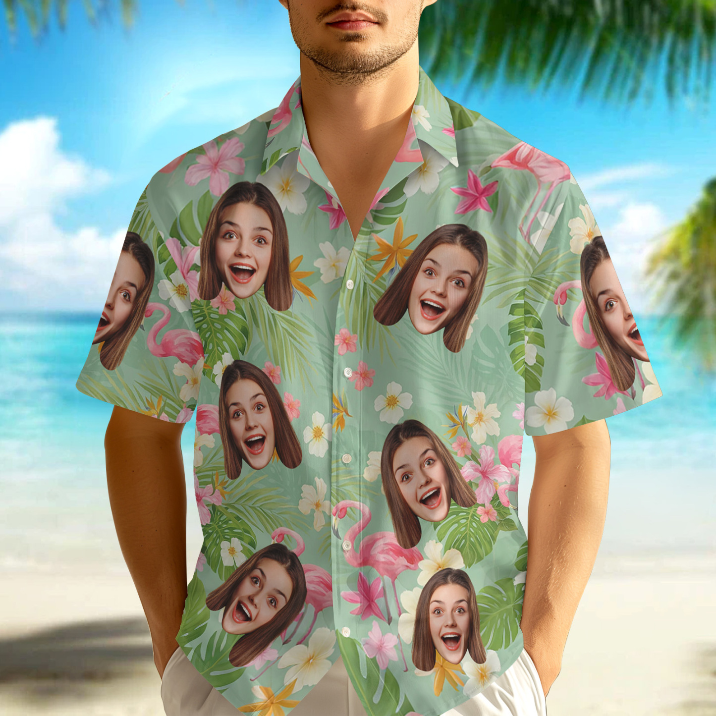 Photo Personnalisée Heure D'été Style Vert Clair Et Rose Personnalisé Personnalisé Unisexe Tropical Hawaïen Aloha Chemise Cadeau De Vacances D'été, Cadeau Pour Les Membres De La Famille - MaPhotocaleconFr