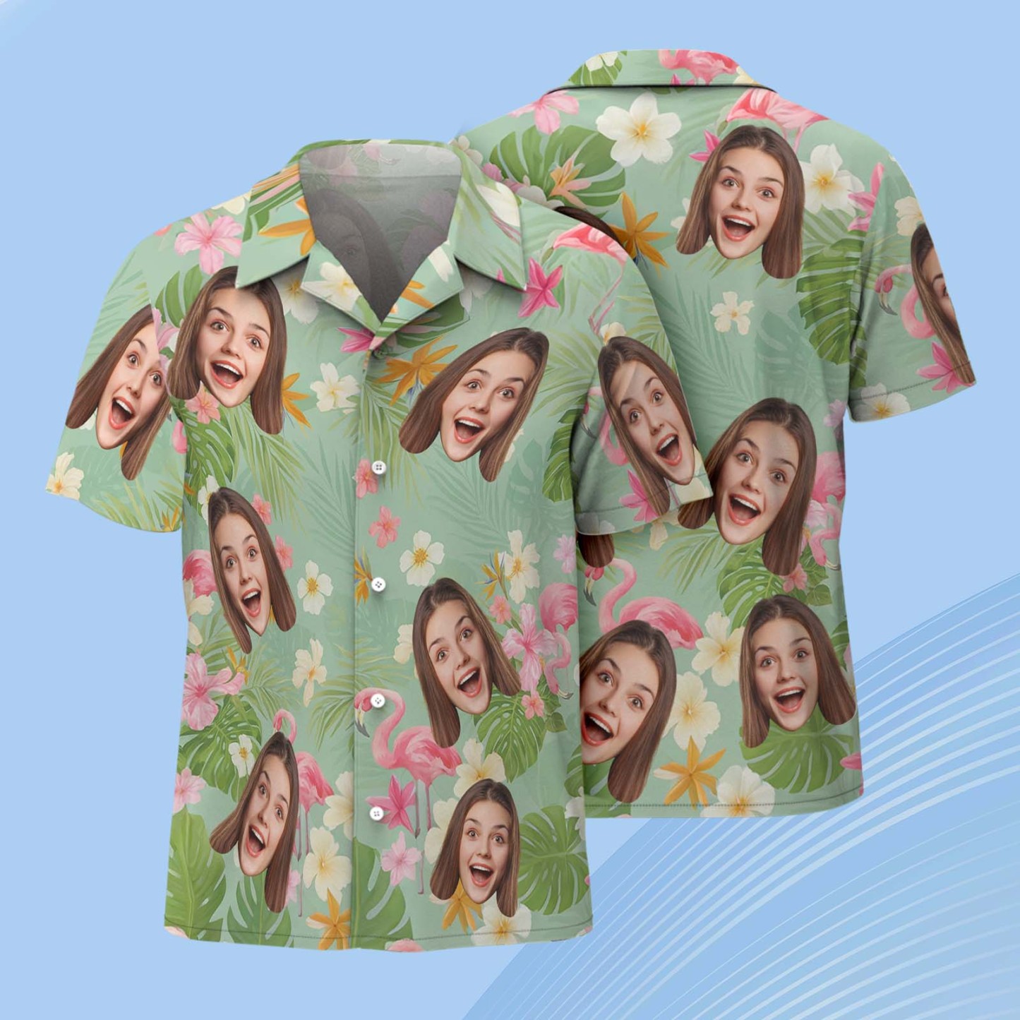 Photo Personnalisée Heure D'été Style Vert Clair Et Rose Personnalisé Personnalisé Unisexe Tropical Hawaïen Aloha Chemise Cadeau De Vacances D'été, Cadeau Pour Les Membres De La Famille - MaPhotocaleconFr