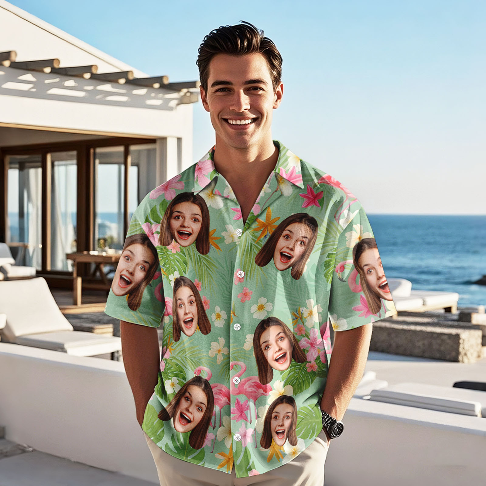 Photo Personnalisée Heure D'été Style Vert Clair Et Rose Personnalisé Personnalisé Unisexe Tropical Hawaïen Aloha Chemise Cadeau De Vacances D'été, Cadeau Pour Les Membres De La Famille