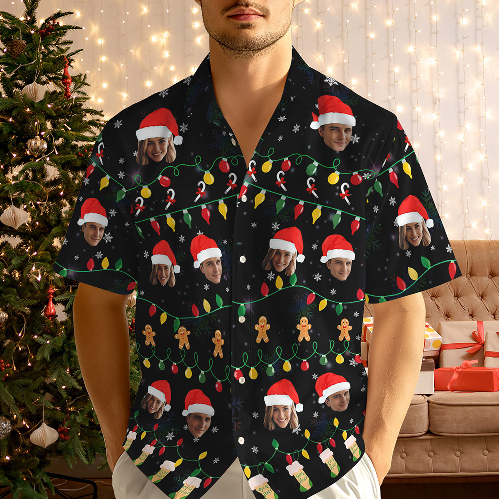 Chemise Hawaïenne Personnalisée Avec Motif Visage De Noël, Chemise Imprimée Photo Personnalisée, Tenue Amusante Pour Les Fêtes, Cadeau De Noël Unique Pour La Famille, Le Couple Et Les Amis