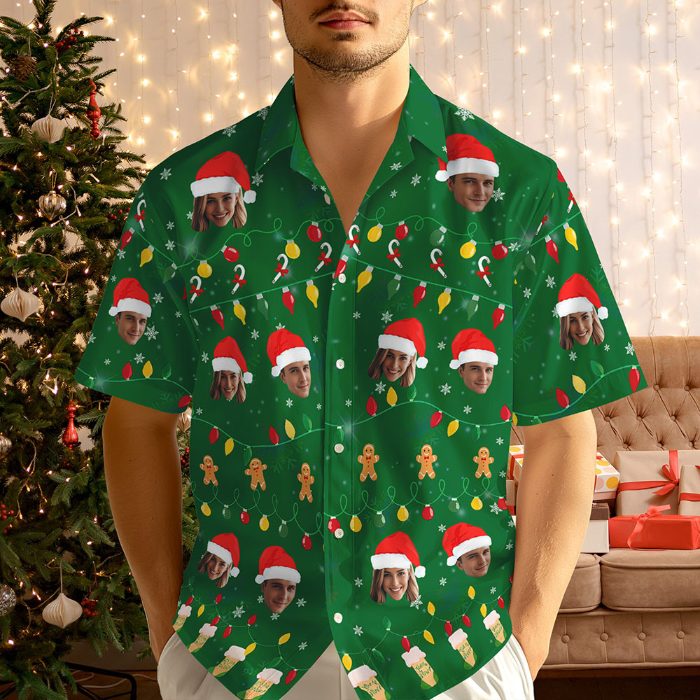 Chemise Hawaïenne Personnalisée Avec Motif Visage De Noël, Chemise Imprimée Photo Personnalisée, Tenue Amusante Pour Les Fêtes, Cadeau De Noël Unique Pour La Famille, Le Couple Et Les Amis - MaPhotocaleconFr