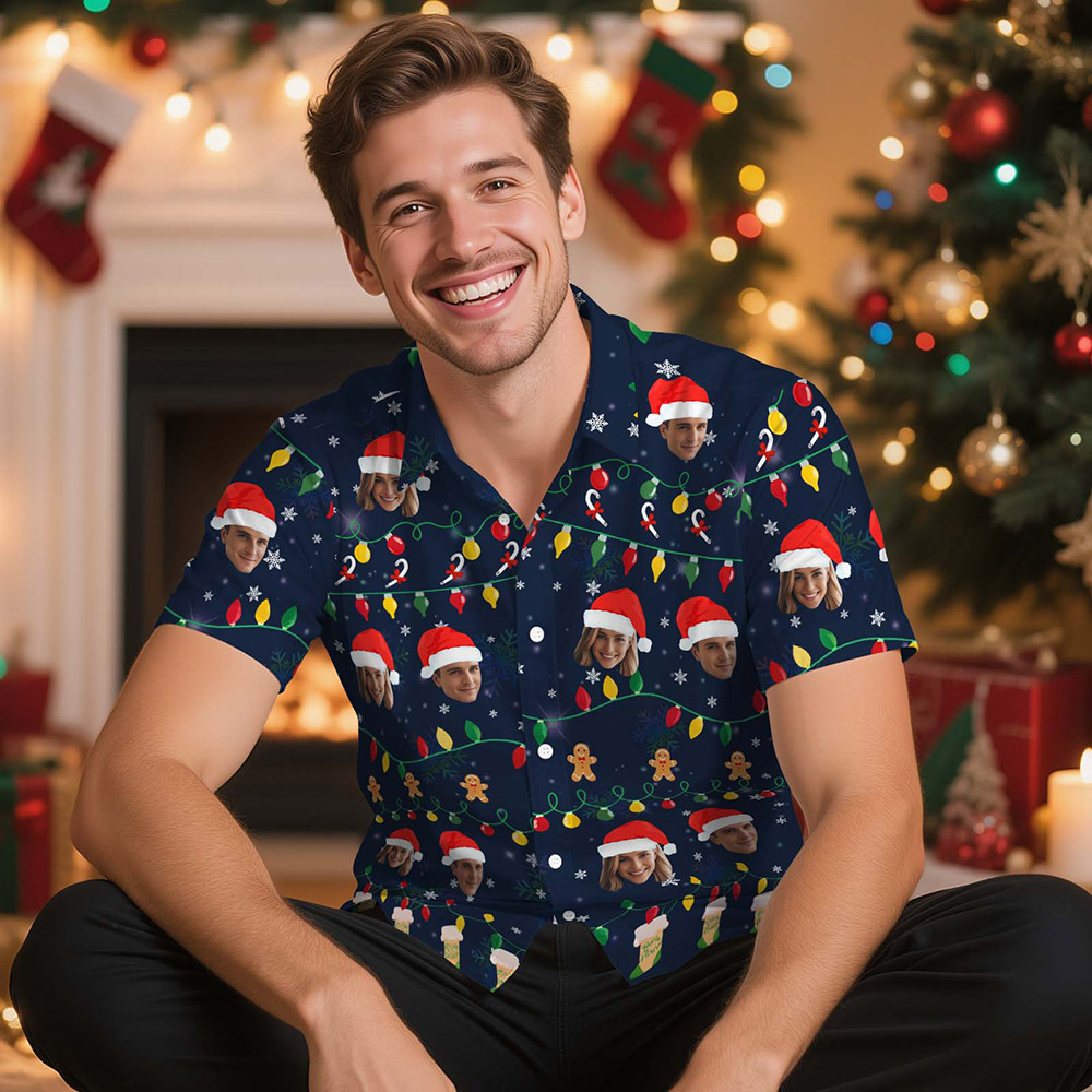 Chemise Hawaïenne Personnalisée Avec Motif Visage De Noël, Chemise Imprimée Photo Personnalisée, Tenue Amusante Pour Les Fêtes, Cadeau De Noël Unique Pour La Famille, Le Couple Et Les Amis - MaPhotocaleconFr