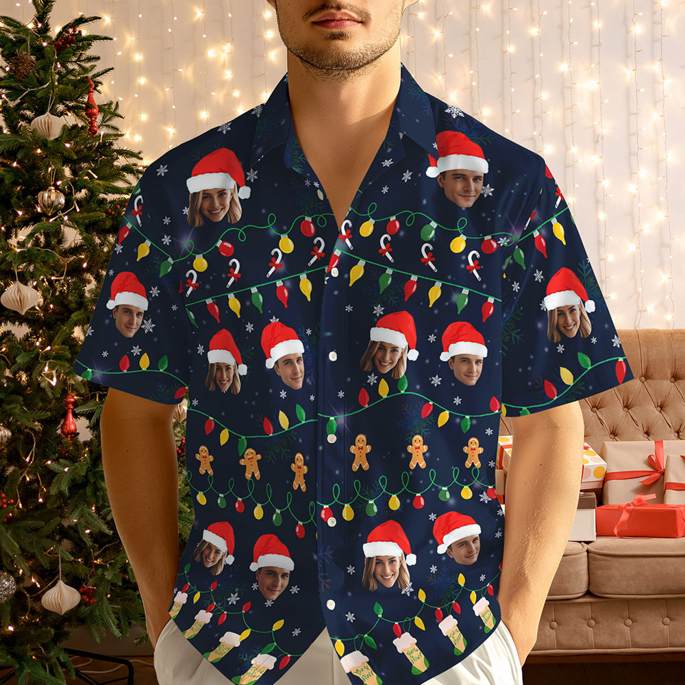 Chemise Hawaïenne Personnalisée Avec Motif Visage De Noël, Chemise Imprimée Photo Personnalisée, Tenue Amusante Pour Les Fêtes, Cadeau De Noël Unique Pour La Famille, Le Couple Et Les Amis - MaPhotocaleconFr
