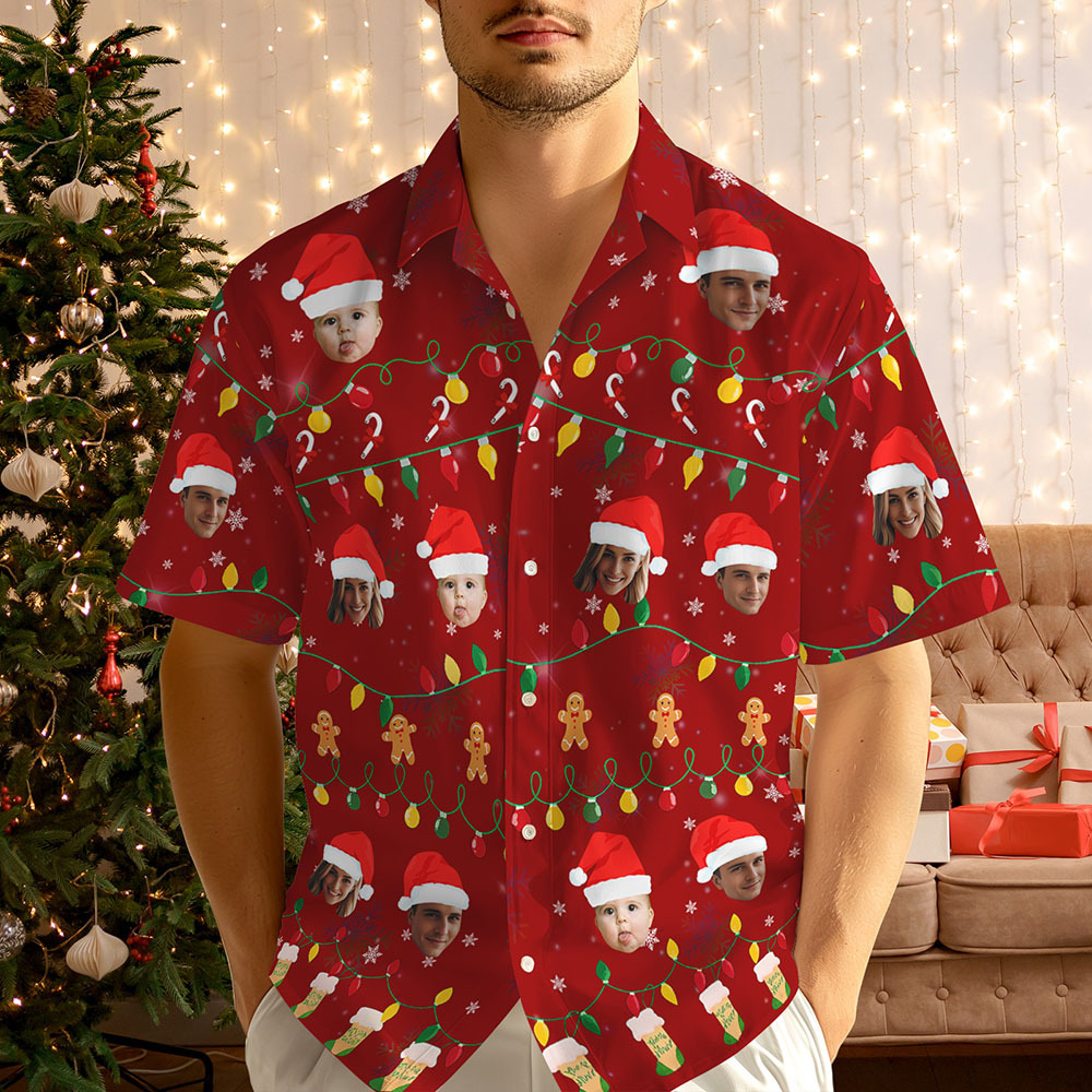 Chemise Hawaïenne Personnalisée Avec Motif Visage De Noël, Chemise Imprimée Photo Personnalisée, Tenue Amusante Pour Les Fêtes, Cadeau De Noël Unique Pour La Famille, Le Couple Et Les Amis - MaPhotocaleconFr