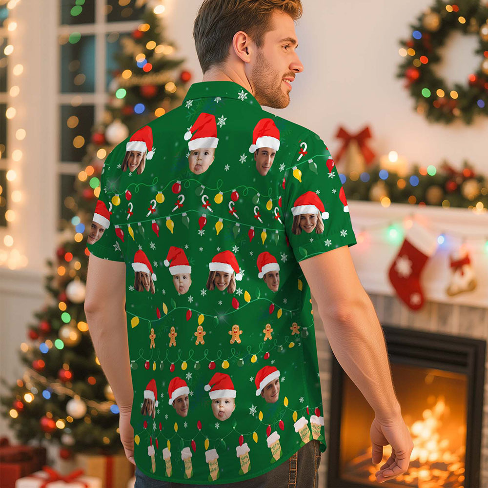 Chemise Hawaïenne Personnalisée Avec Motif Visage De Noël, Chemise Imprimée Photo Personnalisée, Tenue Amusante Pour Les Fêtes, Cadeau De Noël Unique Pour La Famille, Le Couple Et Les Amis - MaPhotocaleconFr