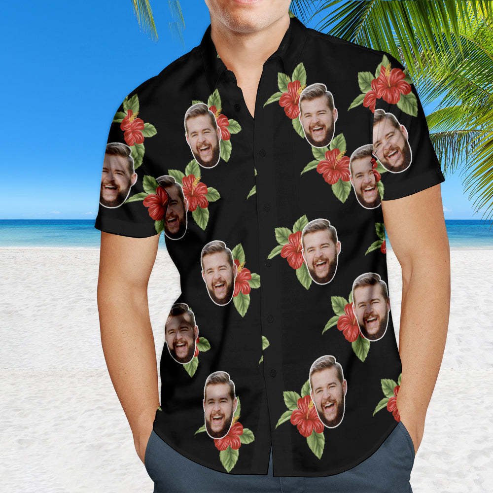 Chemise Hawaïenne À Visage Personnalisé Chemises D'Été Photo Personnalisées Pour Hommes - Fleurs Rouges